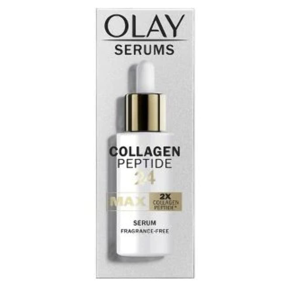 Olay Collagen Peptide Serum MAX bottle shows fragrance-free formula for sensitive skin.
