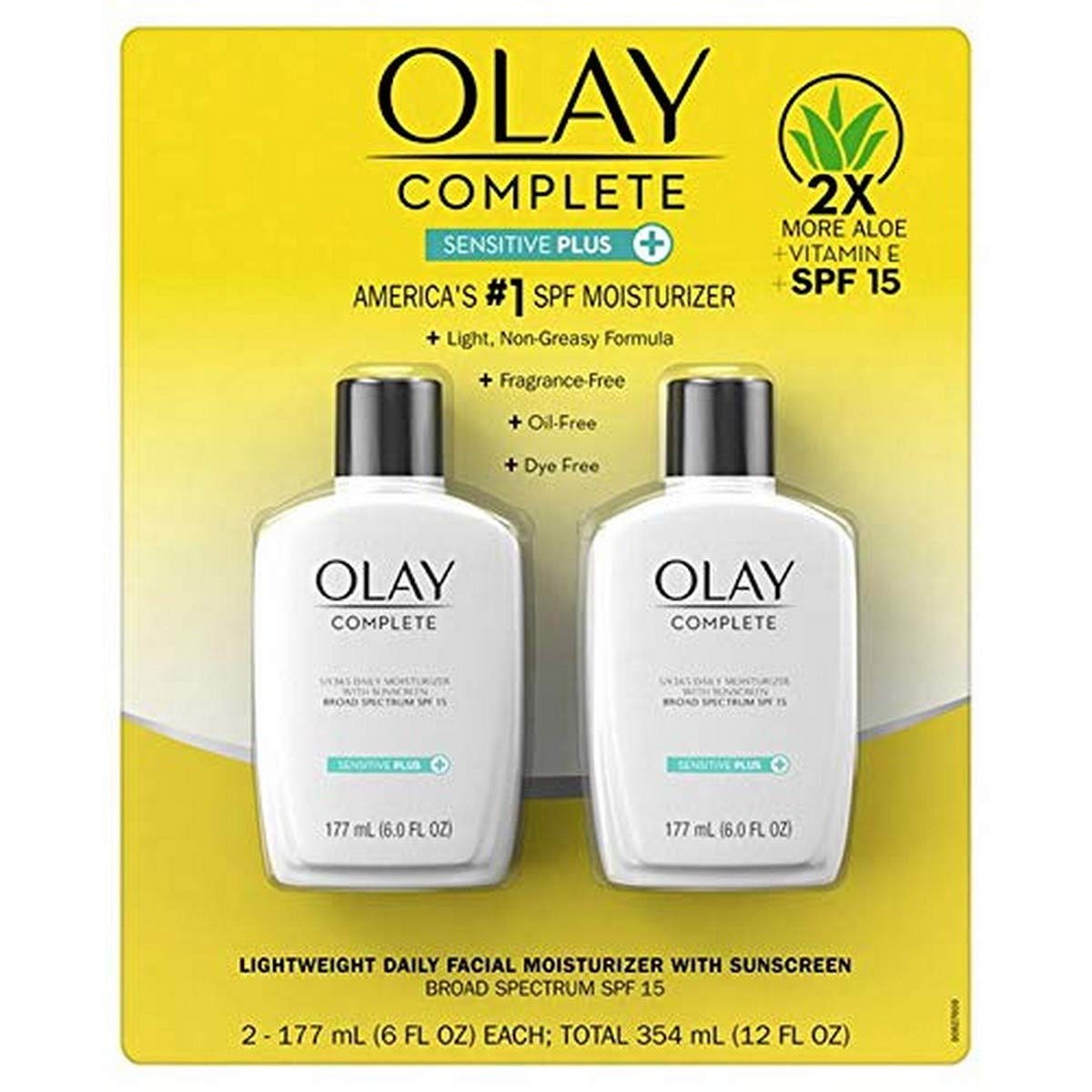 Olay Complete UV Plus Moisturizer bottle demonstrates oil-free daily sun protection for sensitive skin.