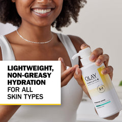 Olay Complete+ bottle close-up showing quick-absorbing 24-hour hydration.
