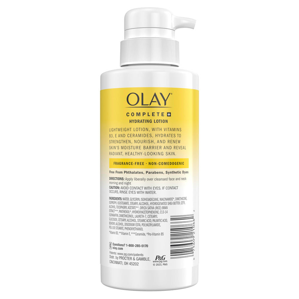 Olay Complete+ ingredients panel featuring vitamin E, B3, and ceramides.