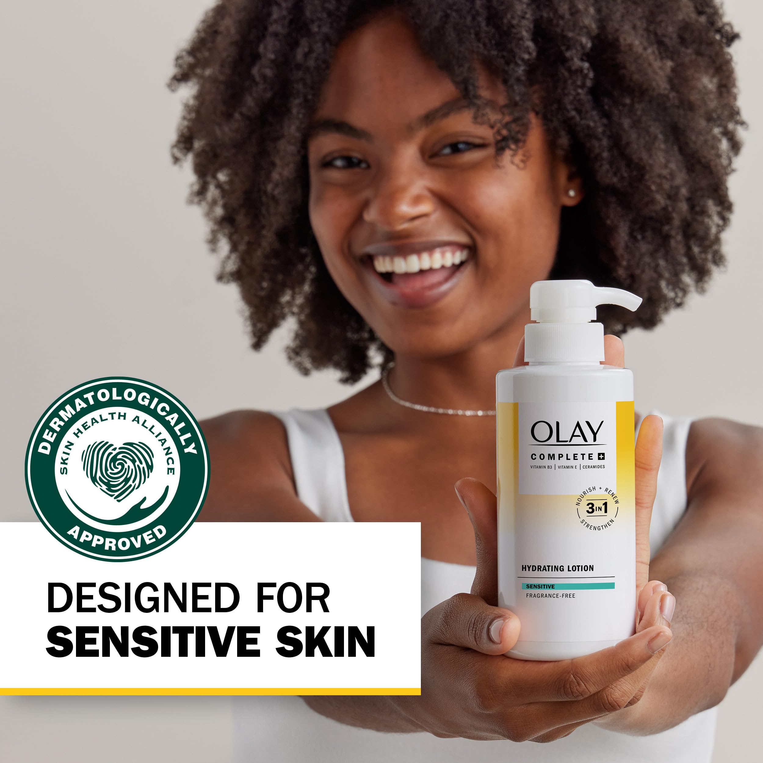 Olay Complete+ gentle daily use shown on a sensitive-skin application scene.