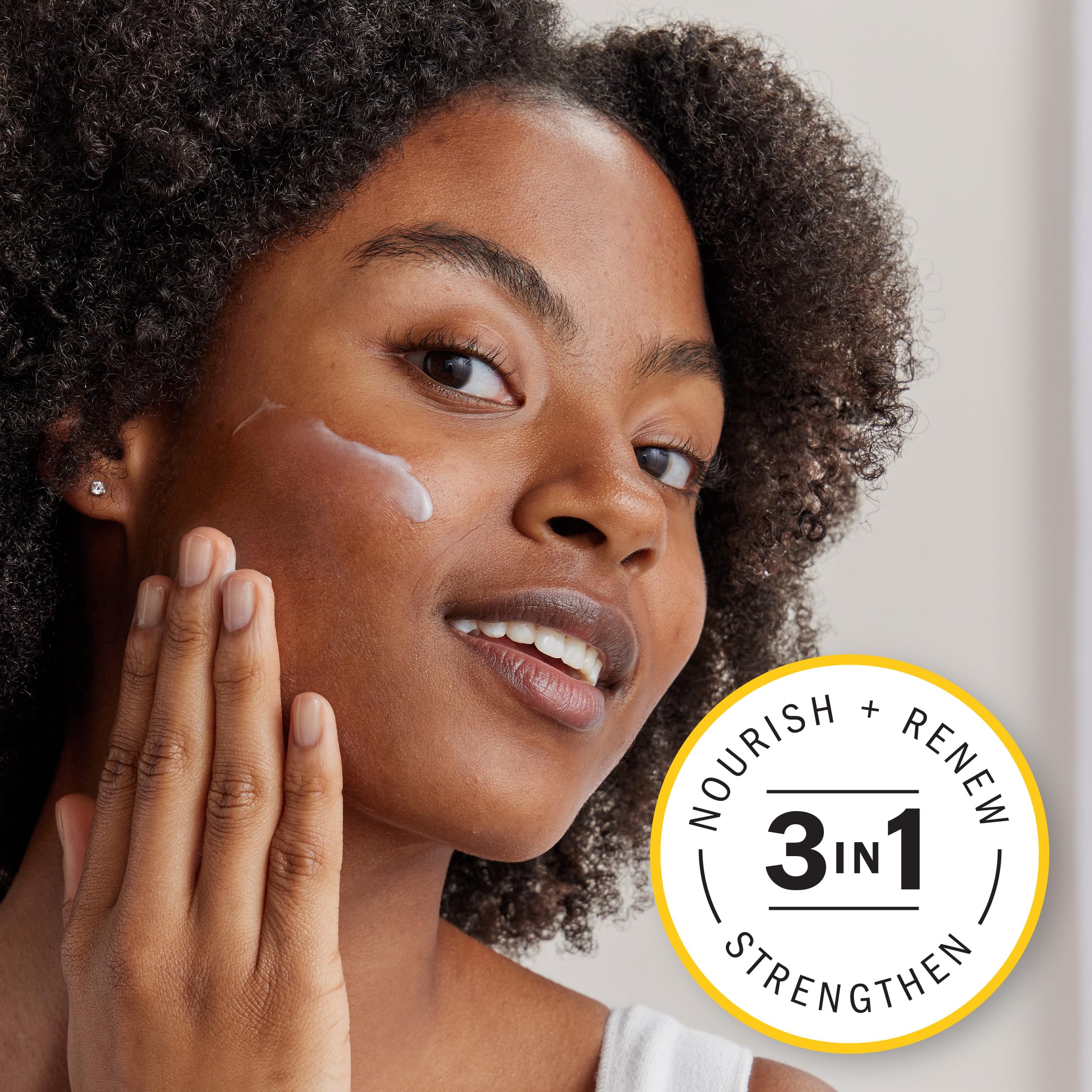 Olay Complete+ label highlighting vitamin B3 and ceramides for skin nourishment.