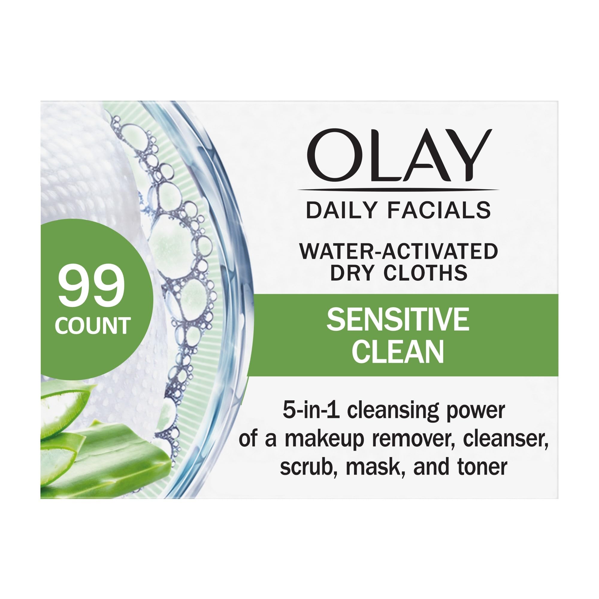 Olay Daily Facials wipes pack close-up, showing 5-in-1 cleansing benefits for sensitive skin.