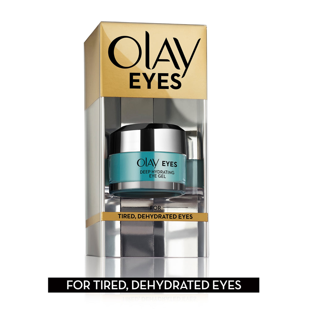 Olay Eyes Deep Hydrating Eye Gel hyaluronic acid detail highlights hydration benefits.
