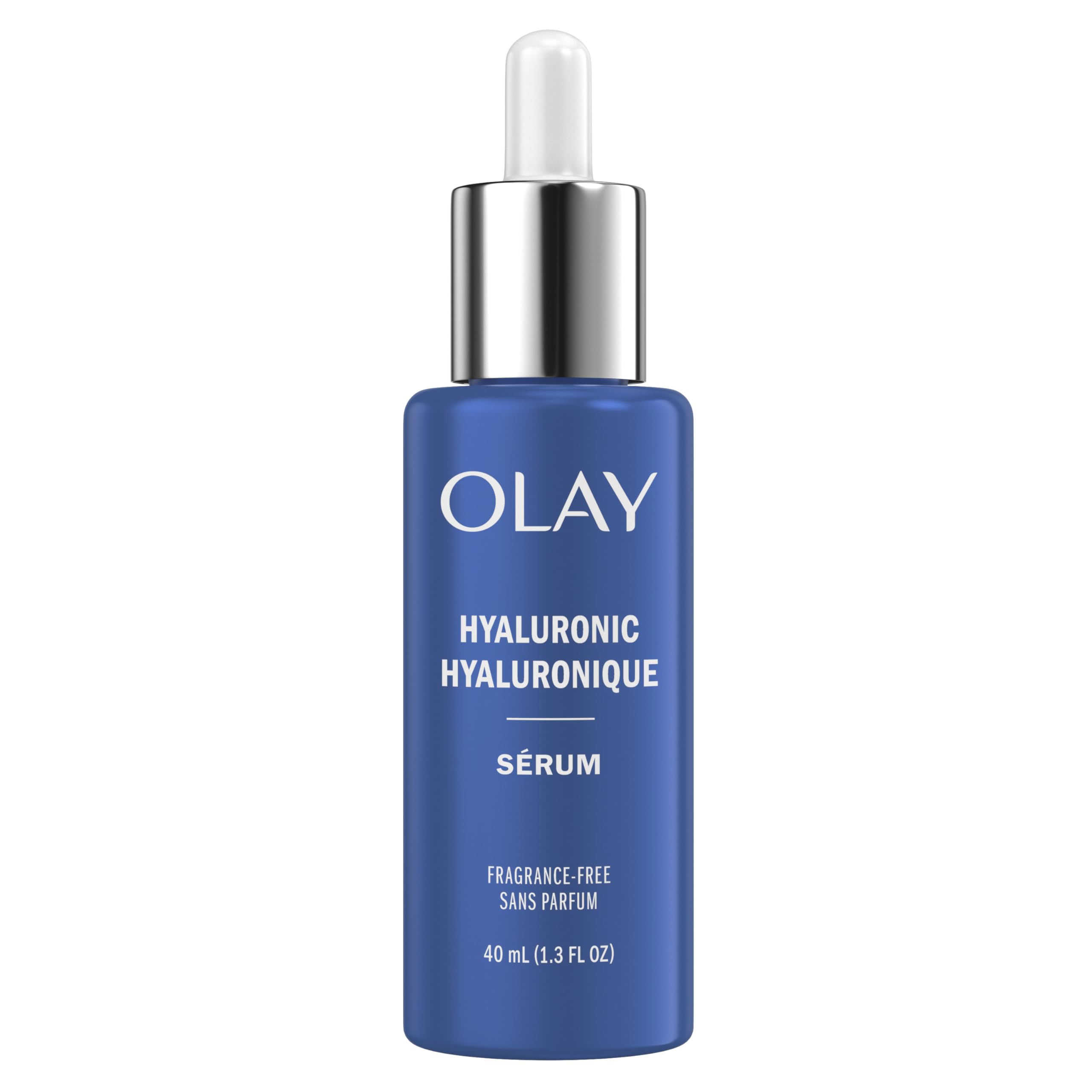 Olay Hyaluronic Hydrating Serum bottle front showing fragrance-free hydration for daily use