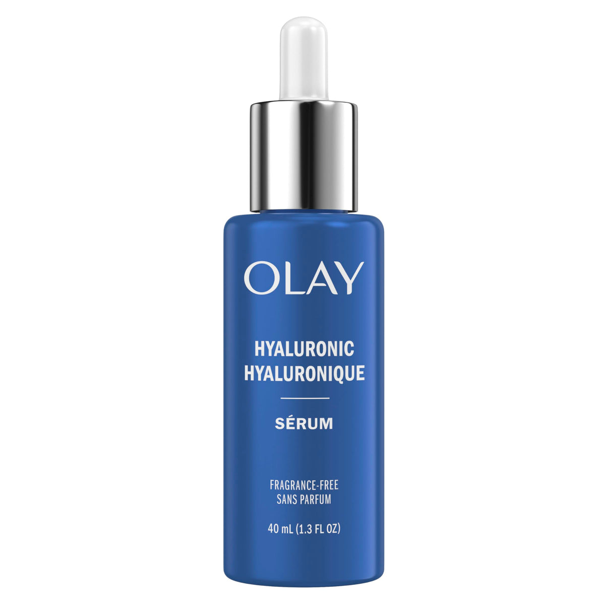 Olay Hyaluronic Hydrating Serum bottle front showing fragrance-free hydration for daily use