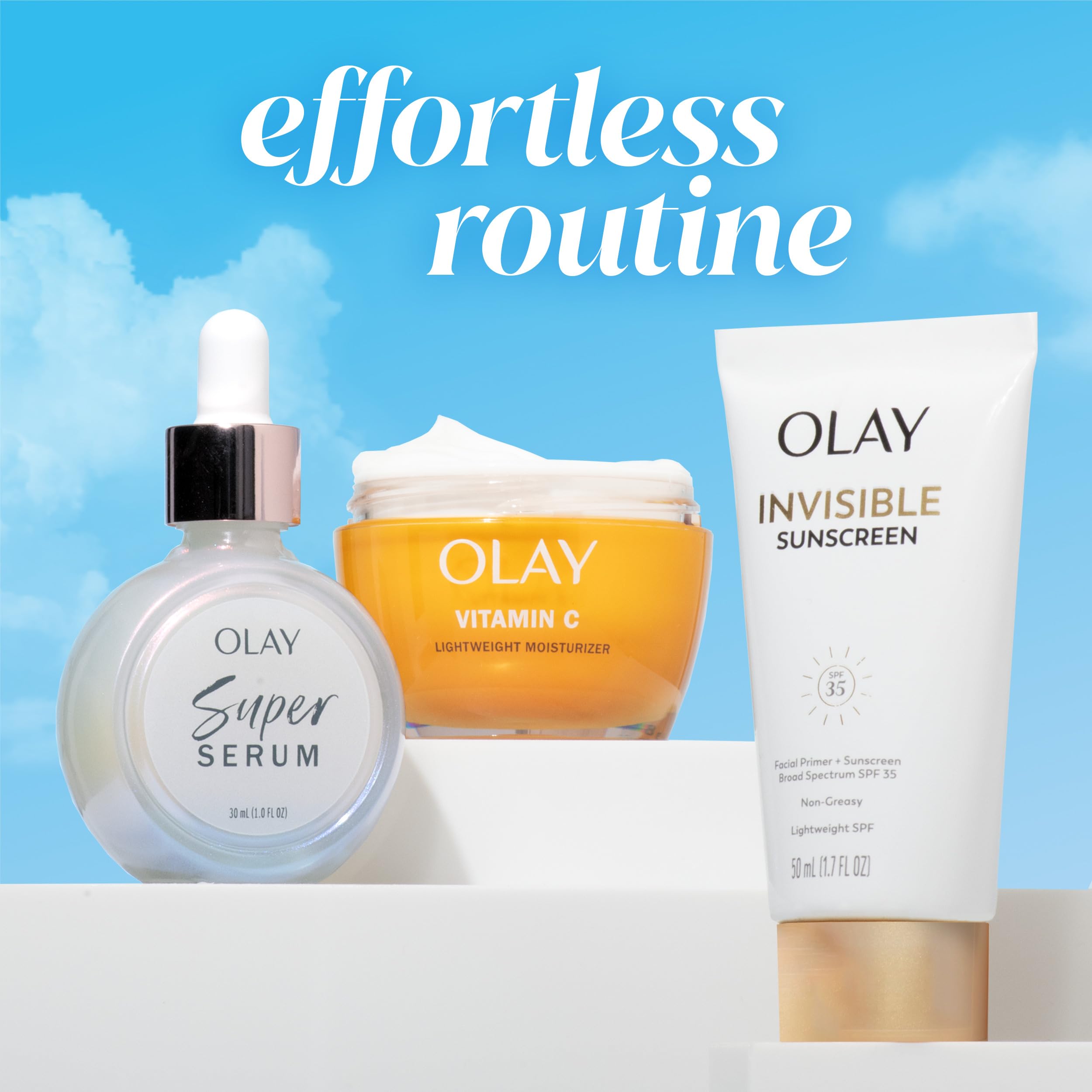 Olay Invisible Sunscreen fragrance-free bottle shown on vanity for daily protection.