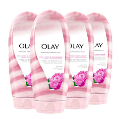 Olay Moisture Ribbons Plus bottle close-up showing rich lather for nourished skin