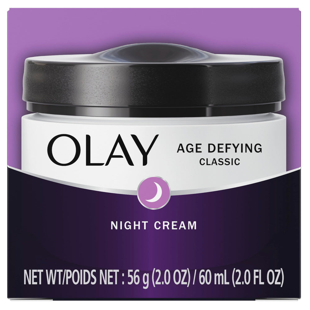 Olay Night Cream packaging with vitamins C & E suggests nourishing skin support.