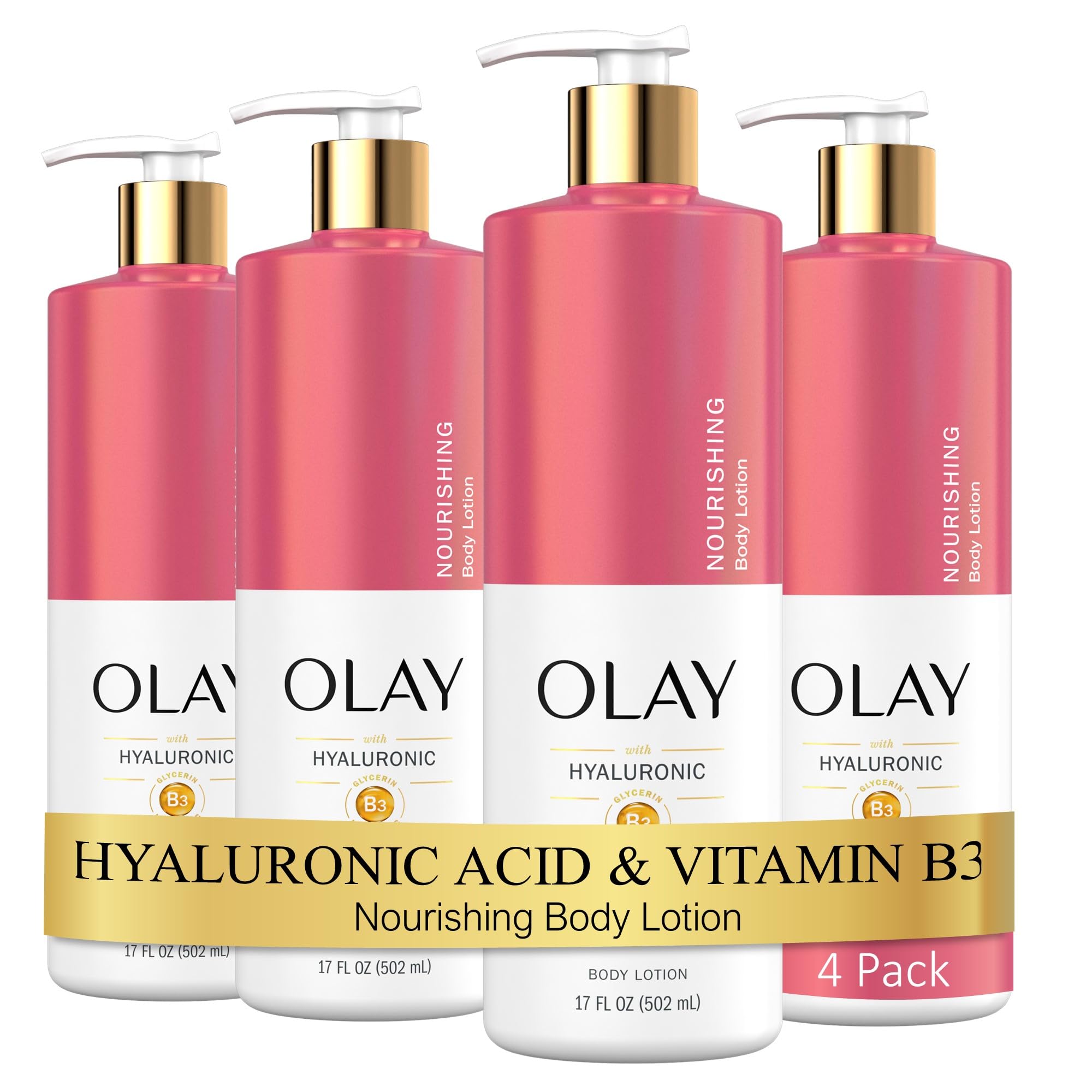 Olay Nourishing and Hydrating Body Lotion bottle pour demonstrates fast-absorb hydration