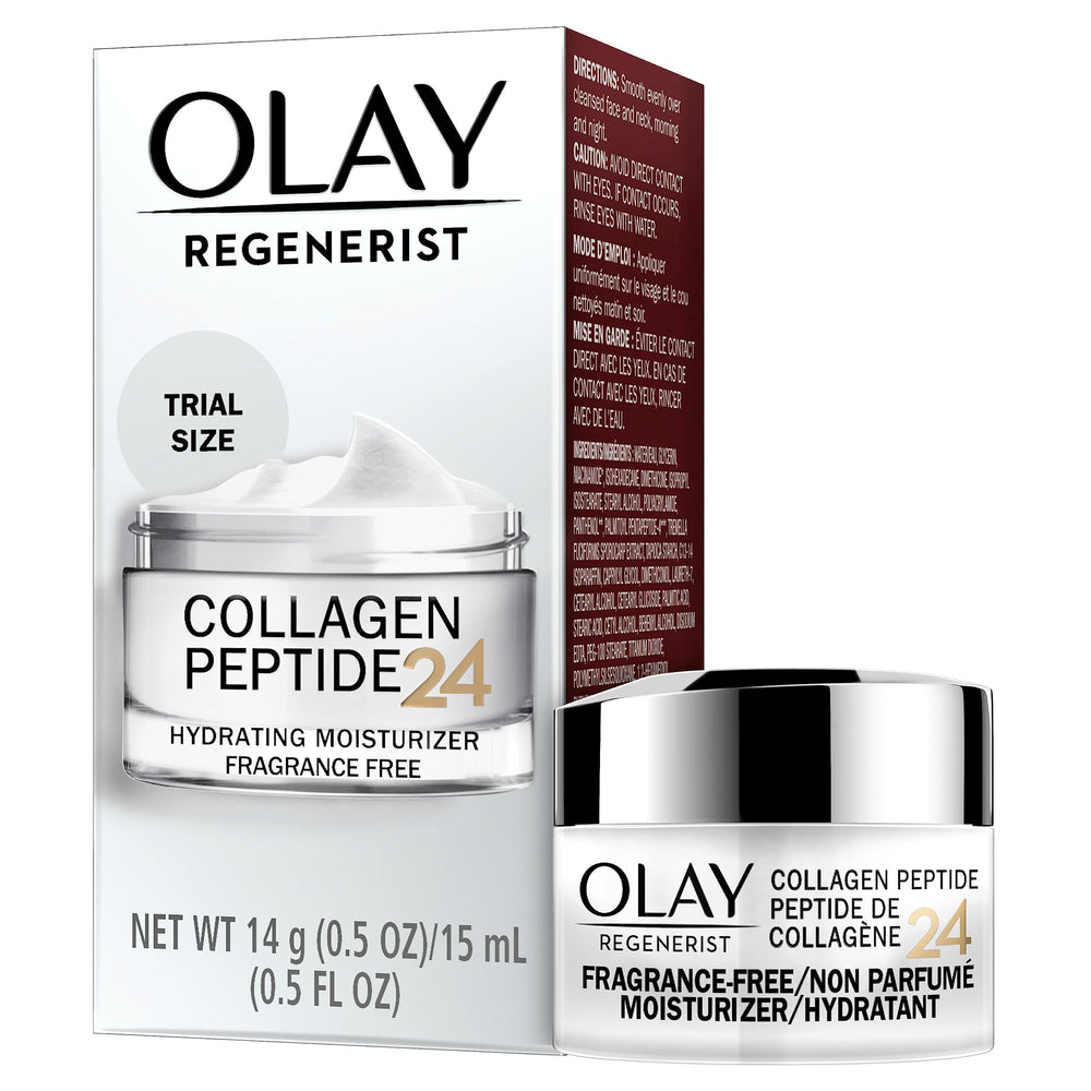 Olay Regenerist CP24 trial-size packaging designed for travel
