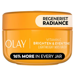 Olay Regenerist Radiance Vitamin C jar close-up highlighting brightening formula for even-toned skin