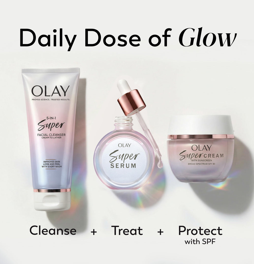 Olay bottle styled with towel showing bathroom-ready routine benefit