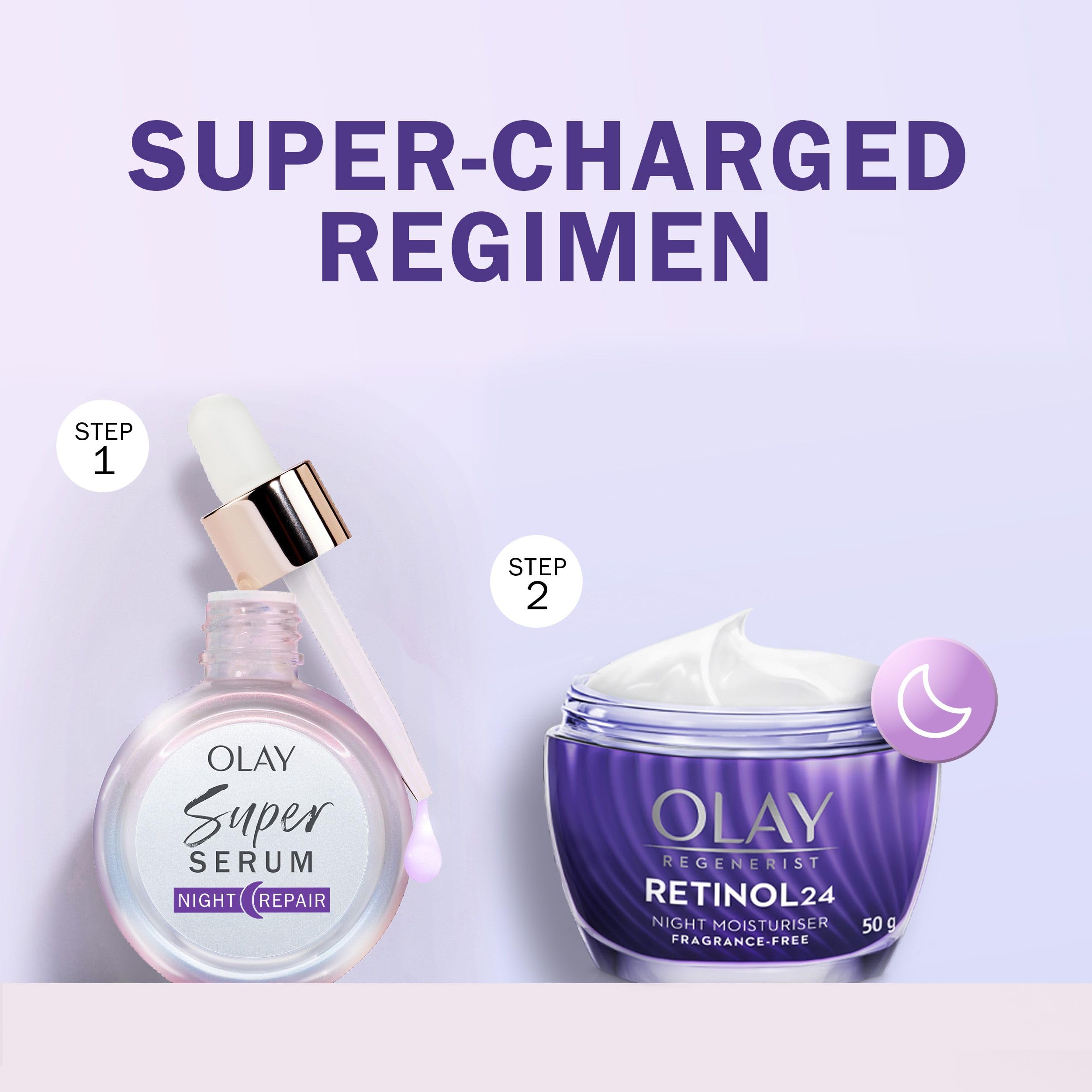 Olay Super Serum Night Repair Fragrance Free bedside scene implies simple evening regimen