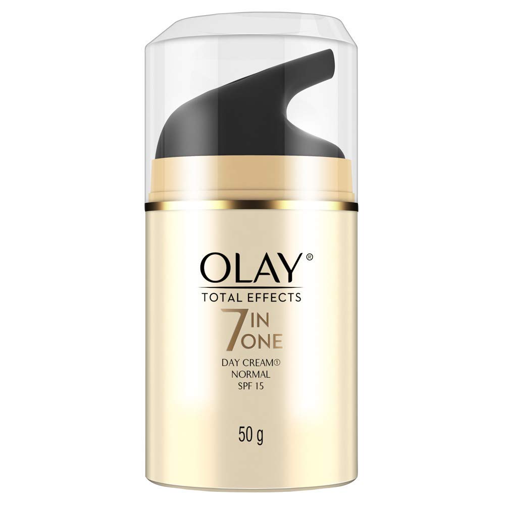 Olay Total Effects 7-in-1 Day Cream SPF 15 tube front shows daily hydration and sun protection.