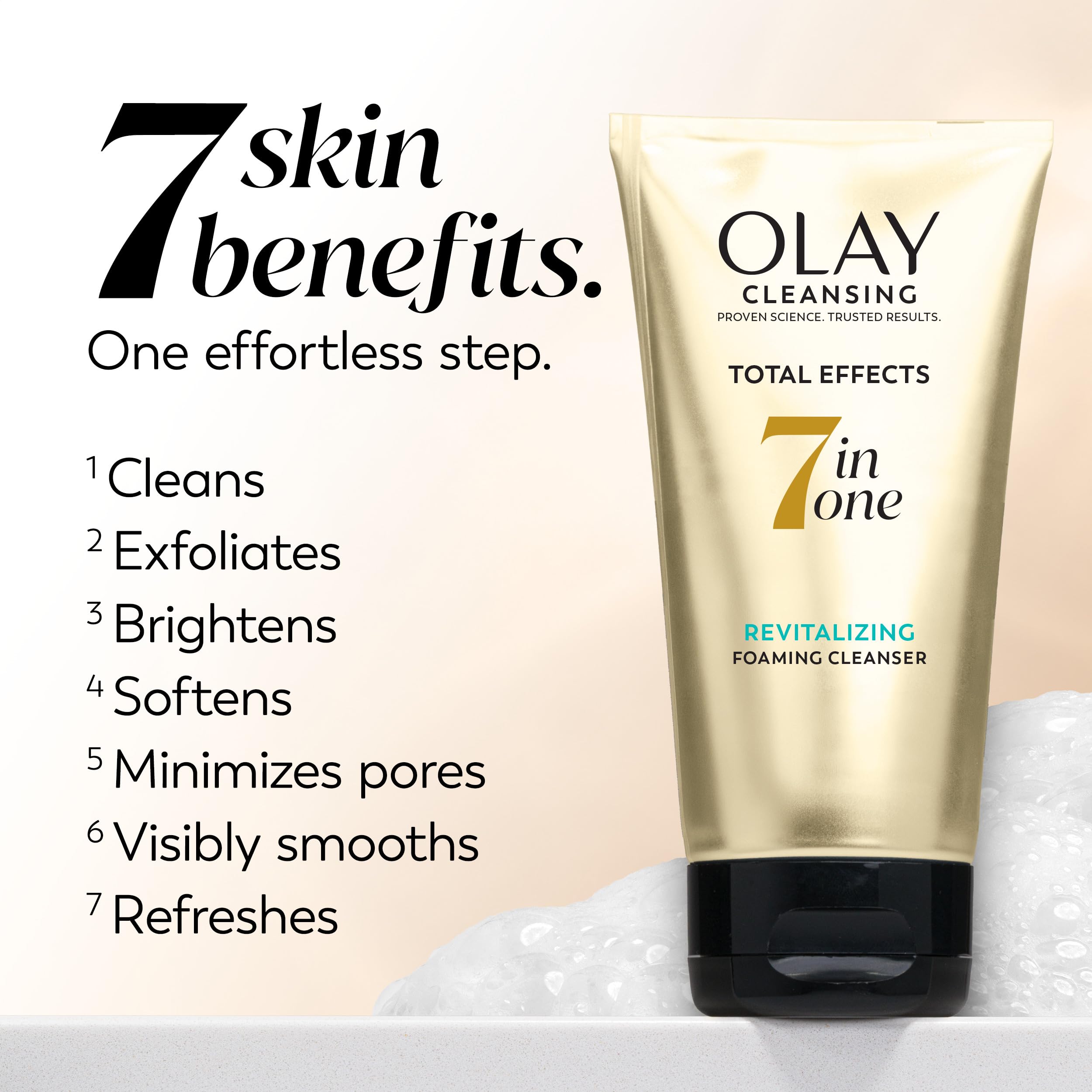 Olay Total Effects foam texture on hand illustrating gentle exfoliating lather