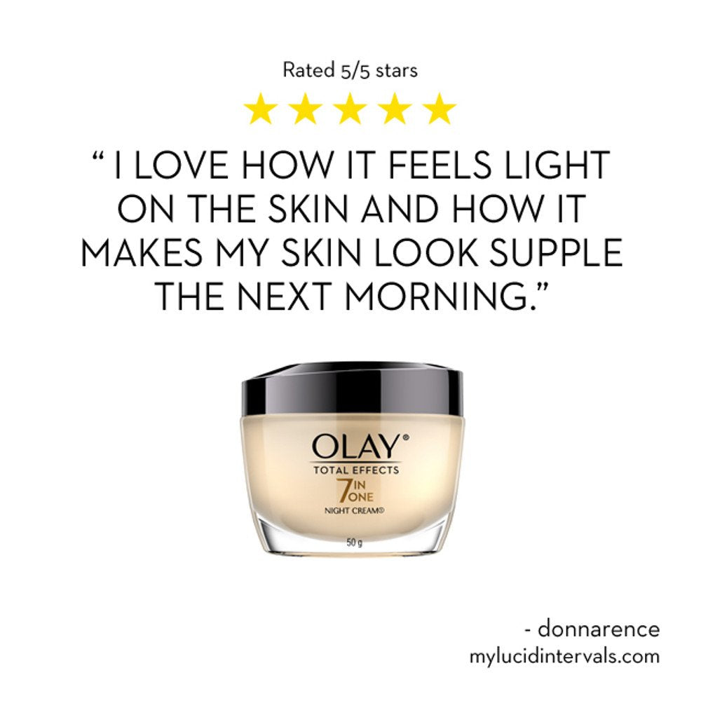 Olay Total Effects night-cream routine scene suggests gradual morning glow