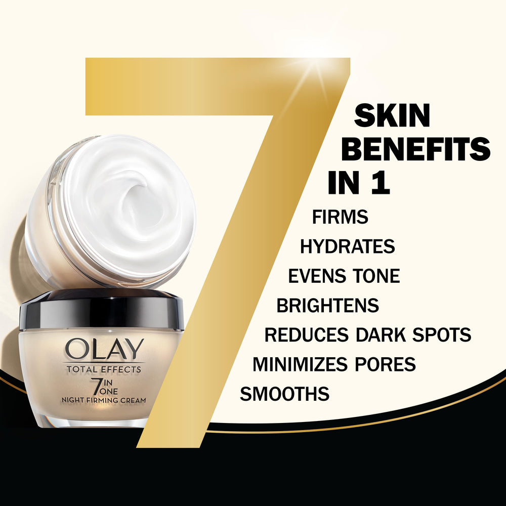 Olay Total Effects Night Firming Cream packaging highlights compact 1.7 oz size for daily use.