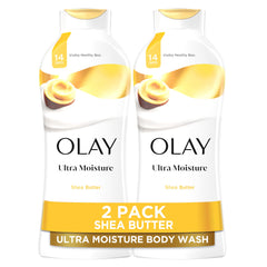 OLAY Ultra Moisture Body Wash bottle with Shea Butter delivering spa-soft hydration.