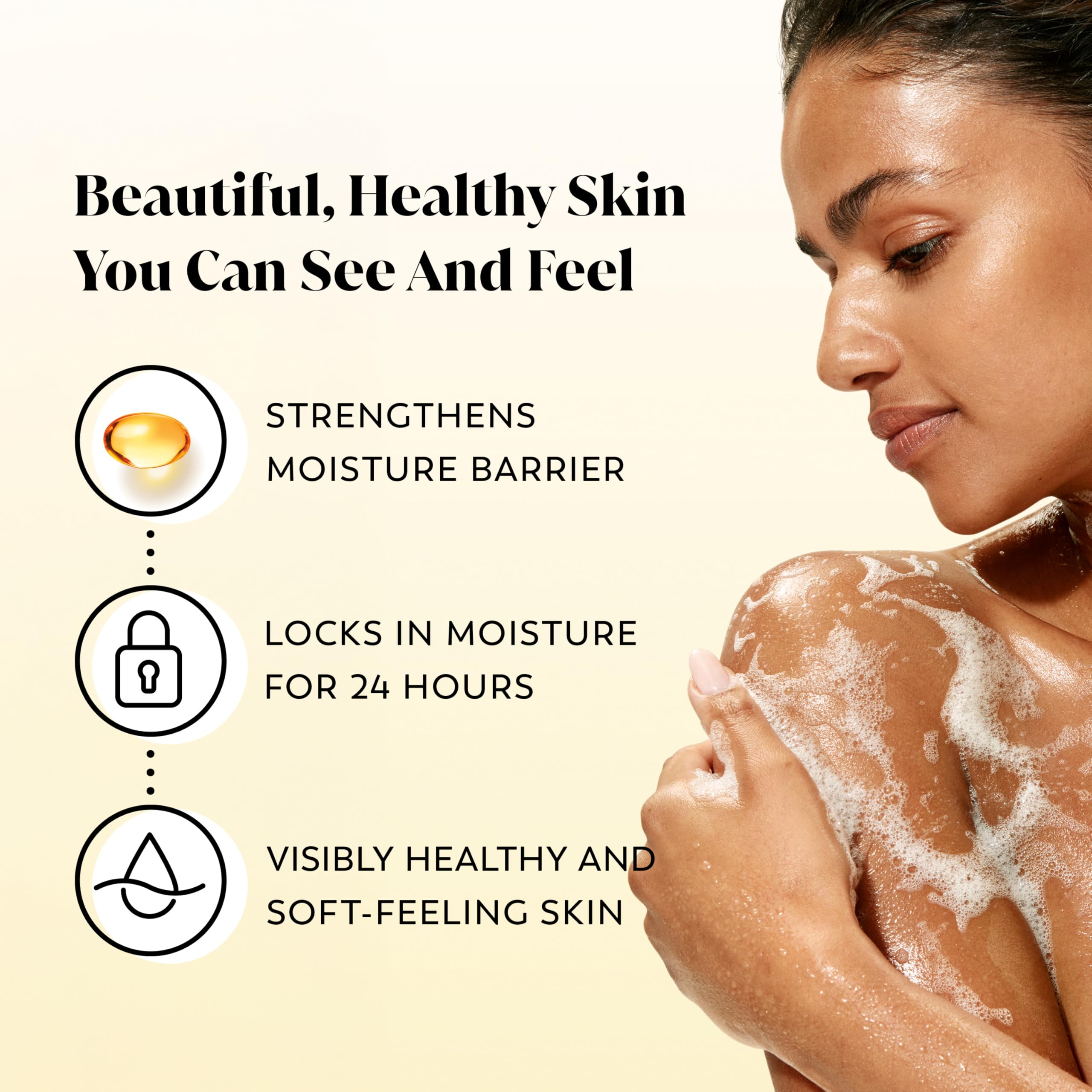 OLAY Ultra Moisture Body Wash pump top releasing creamy foam for easy cleansing.