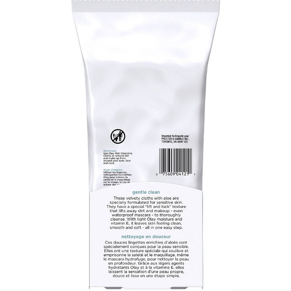 OLAY Wet Cleansing Cloths close-up—moisturizing aloe and vitamin E for quick makeup removal.