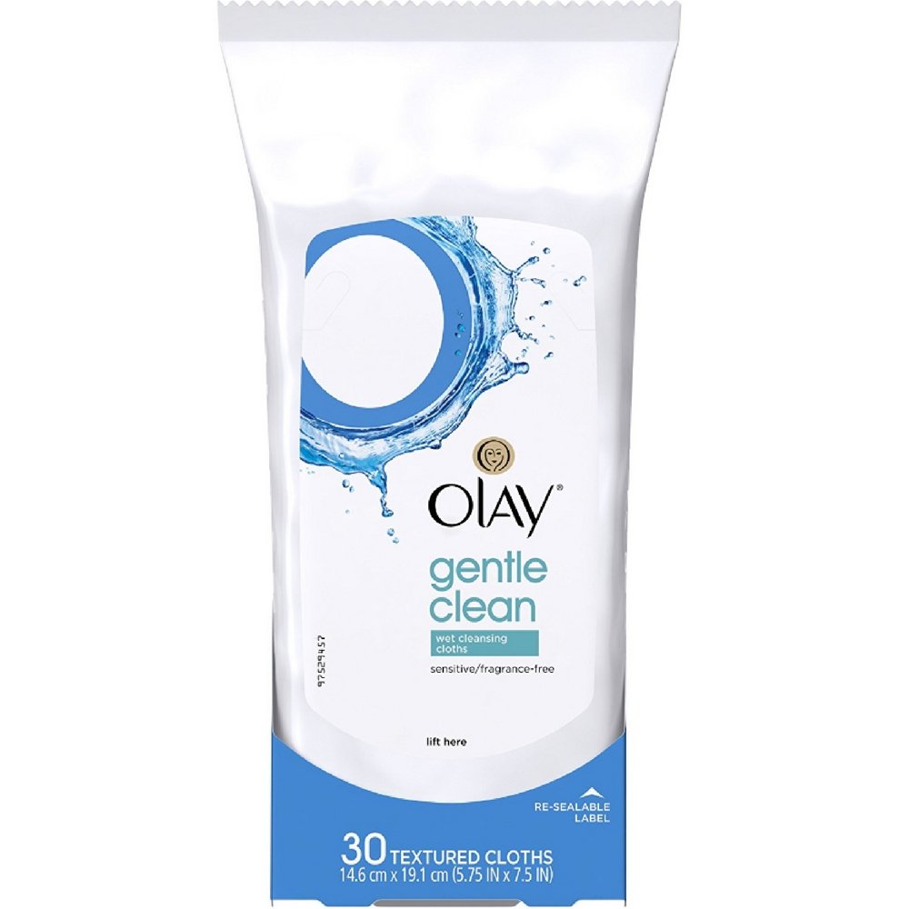 OLAY Wet Cleansing Cloths Gentle Clean box—fragrance-free wipes for sensitive skin on the go.