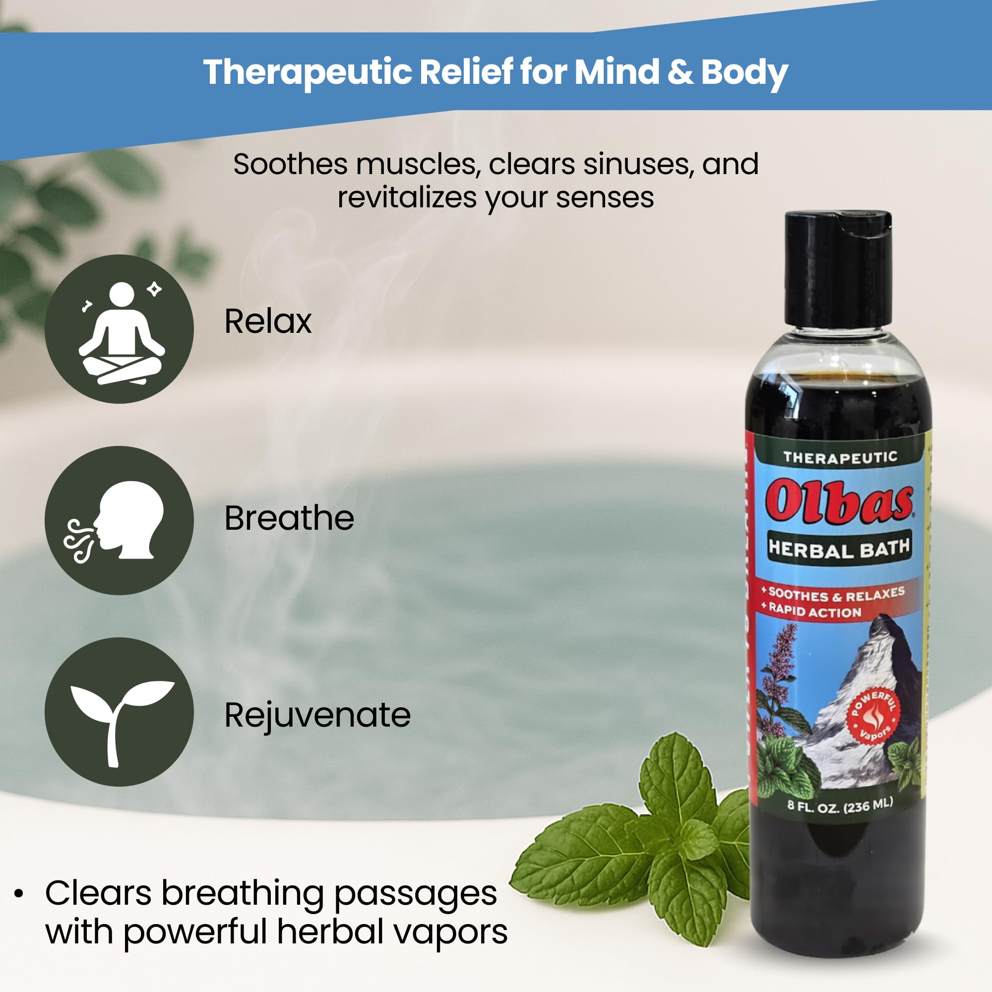 Olbas bath aromatic-essential-oils close-up emphasizes premium blend benefits.