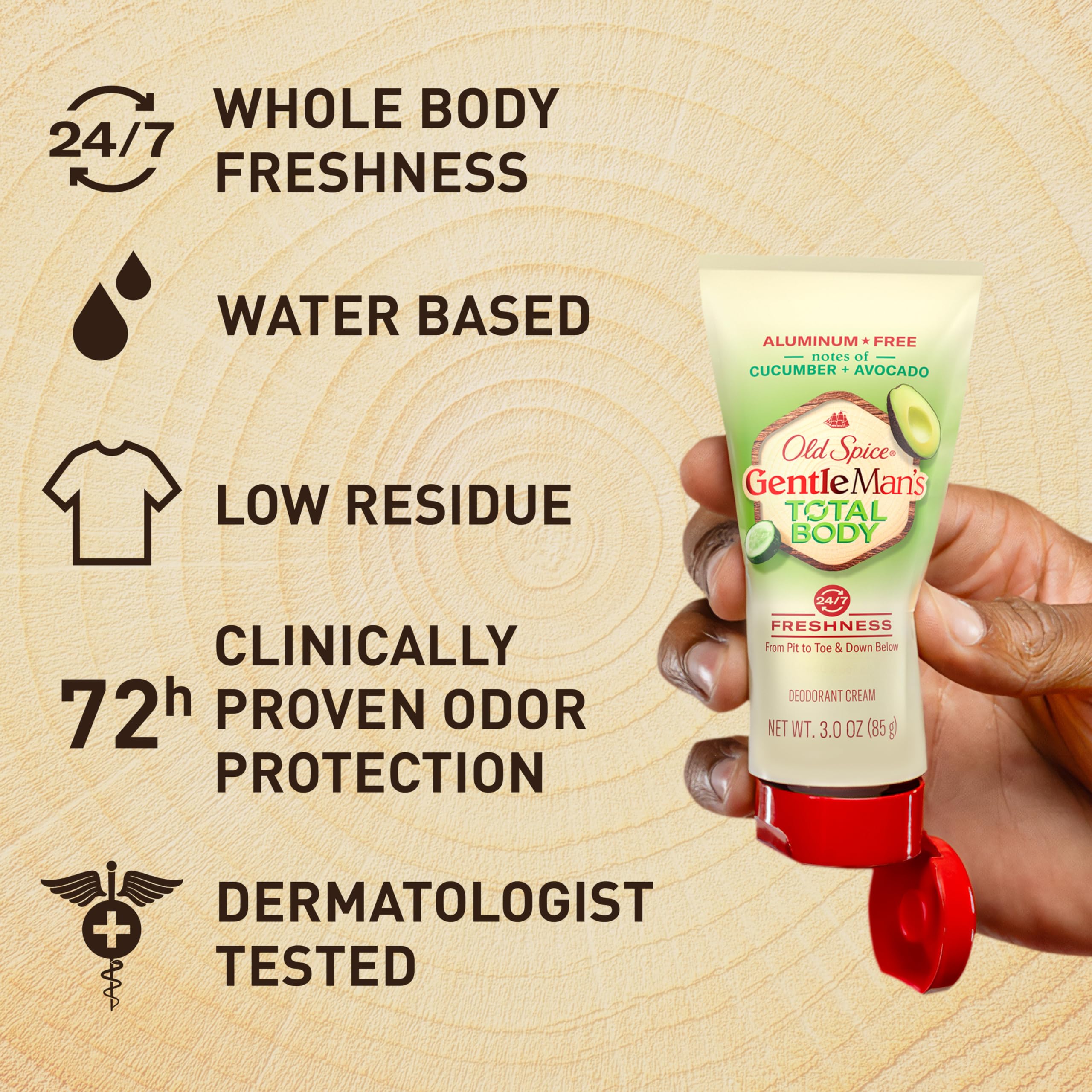 Old Spice aplicación total, enfoque en zonas difíciles, mantiene frescura en axilas y zonas sensibles.