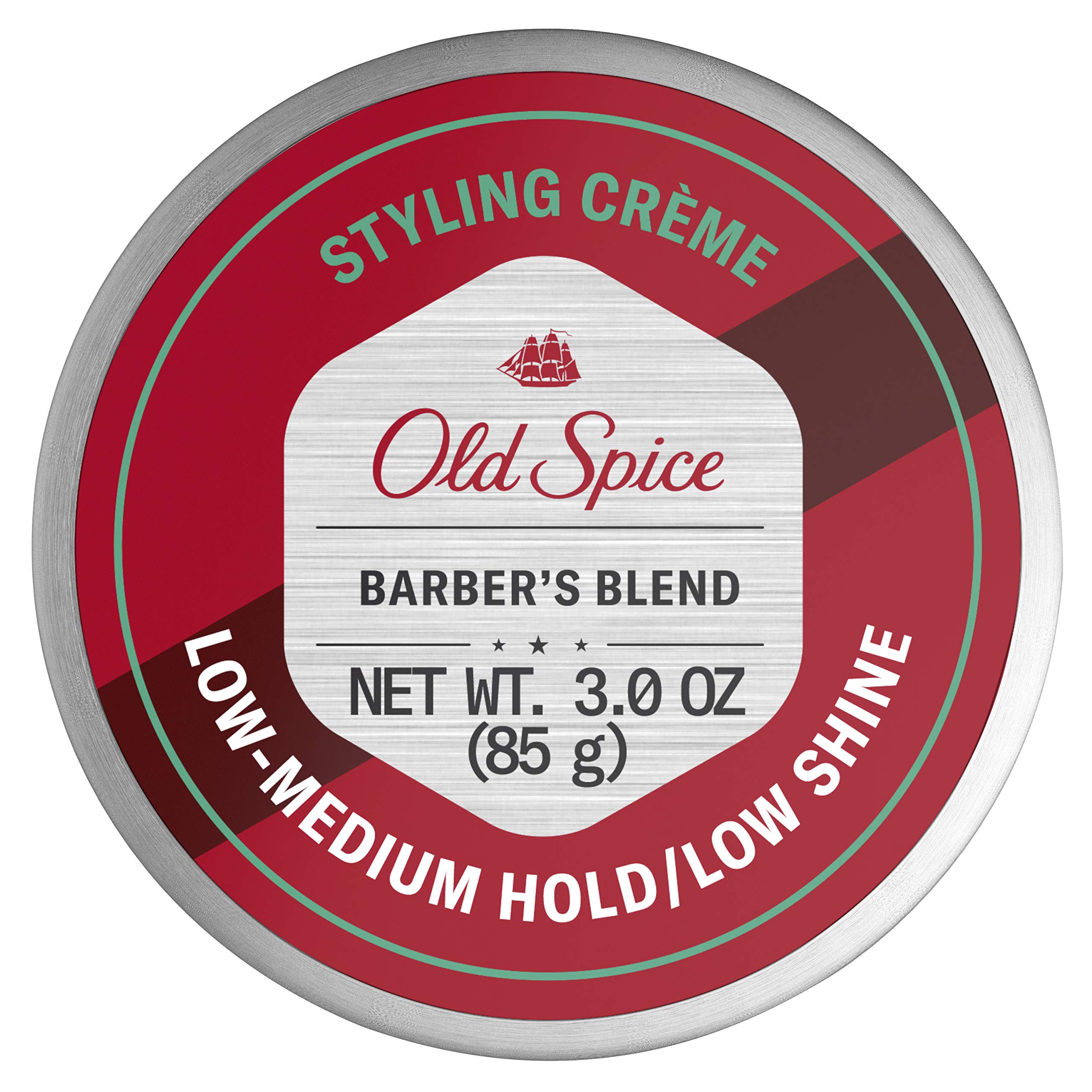 Old Spice Barber's Blend styling cream puck close-up shows natural hold for easy grooming
