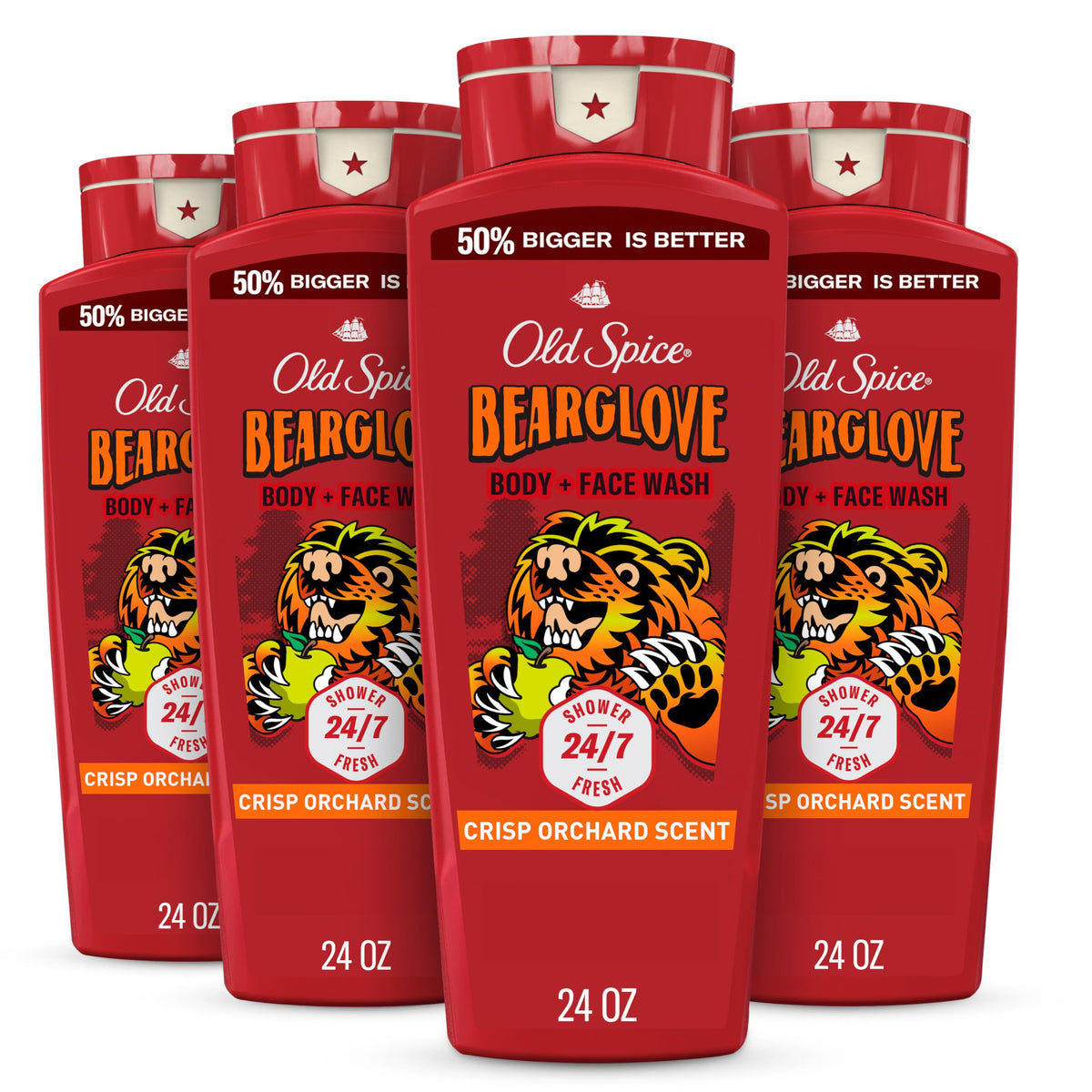 Old Spice Bearglove bottle front view delivers rugged freshness with 2-in-1 cleansing.
