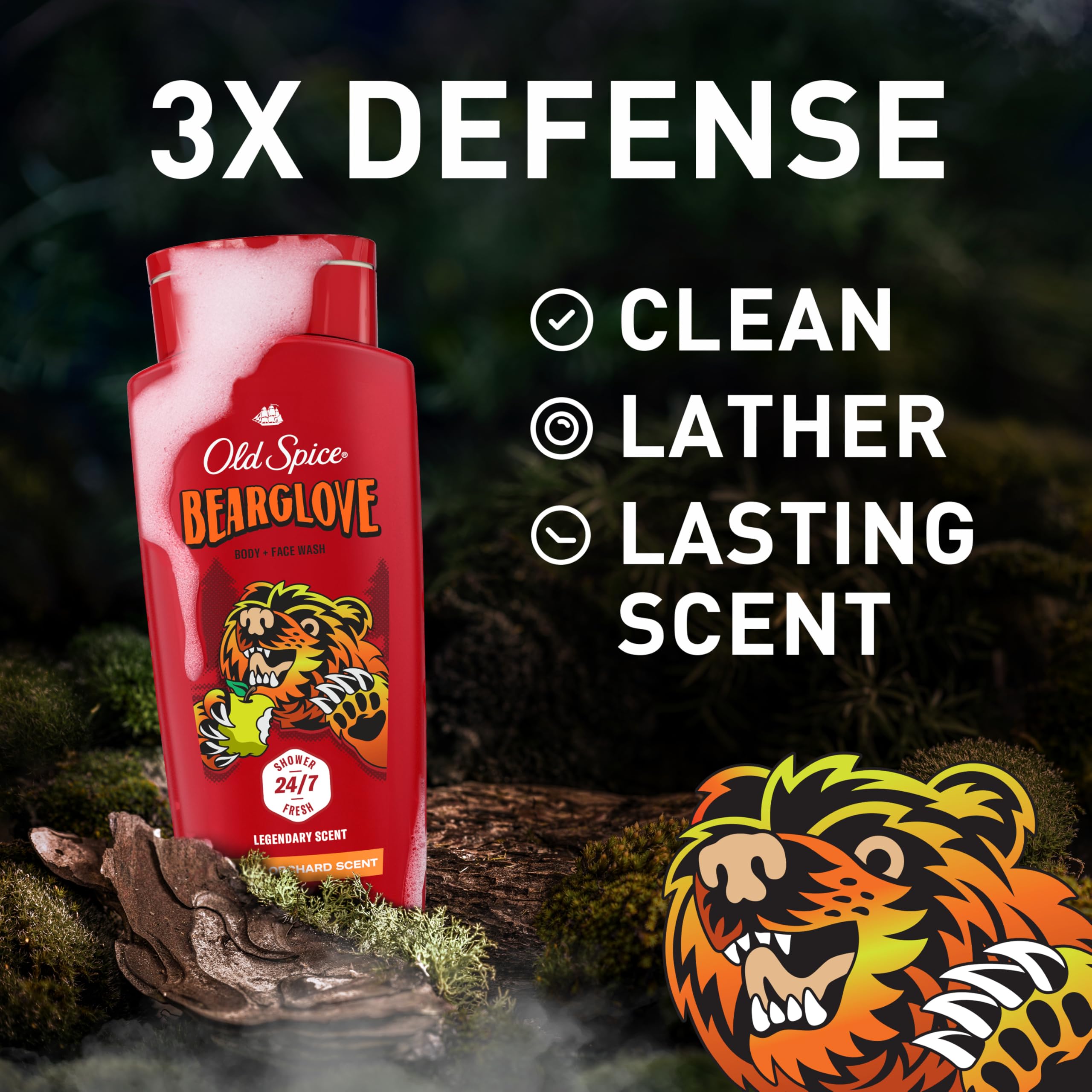 Old Spice Bearglove bottle lather-dispense shows rich foam for a deep clean.