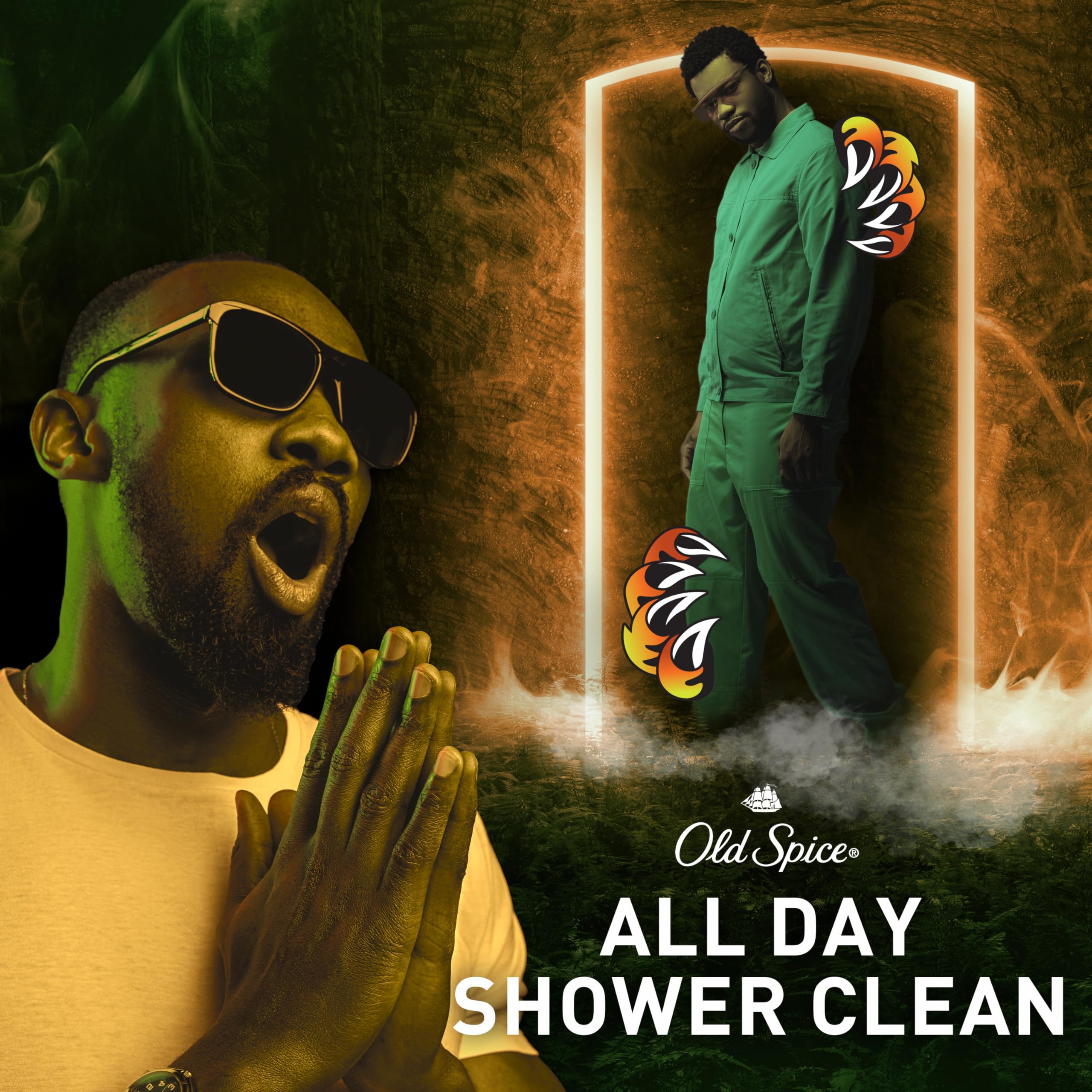 Old Spice Bearglove shower routine setup with soap lather on sponge.