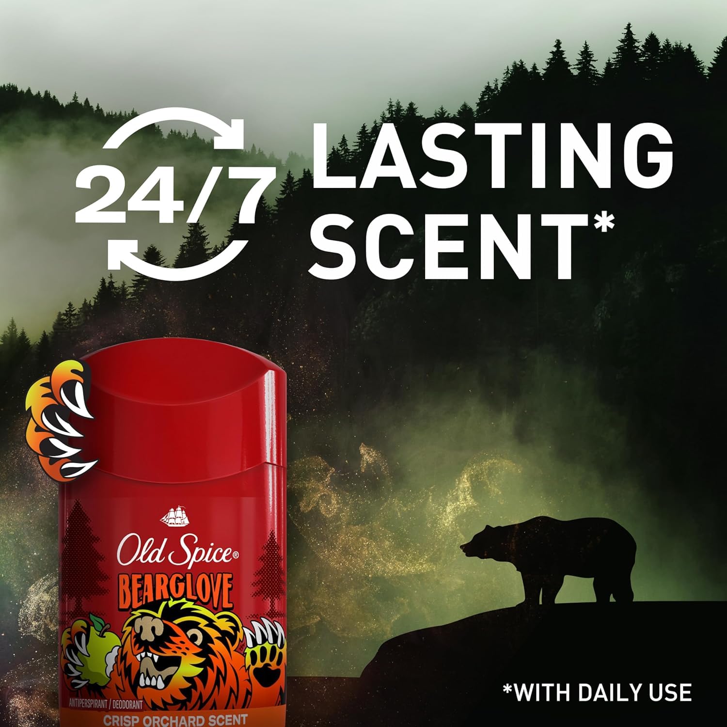 Old Spice Bearglove deodorant stick close-up for daily grooming.