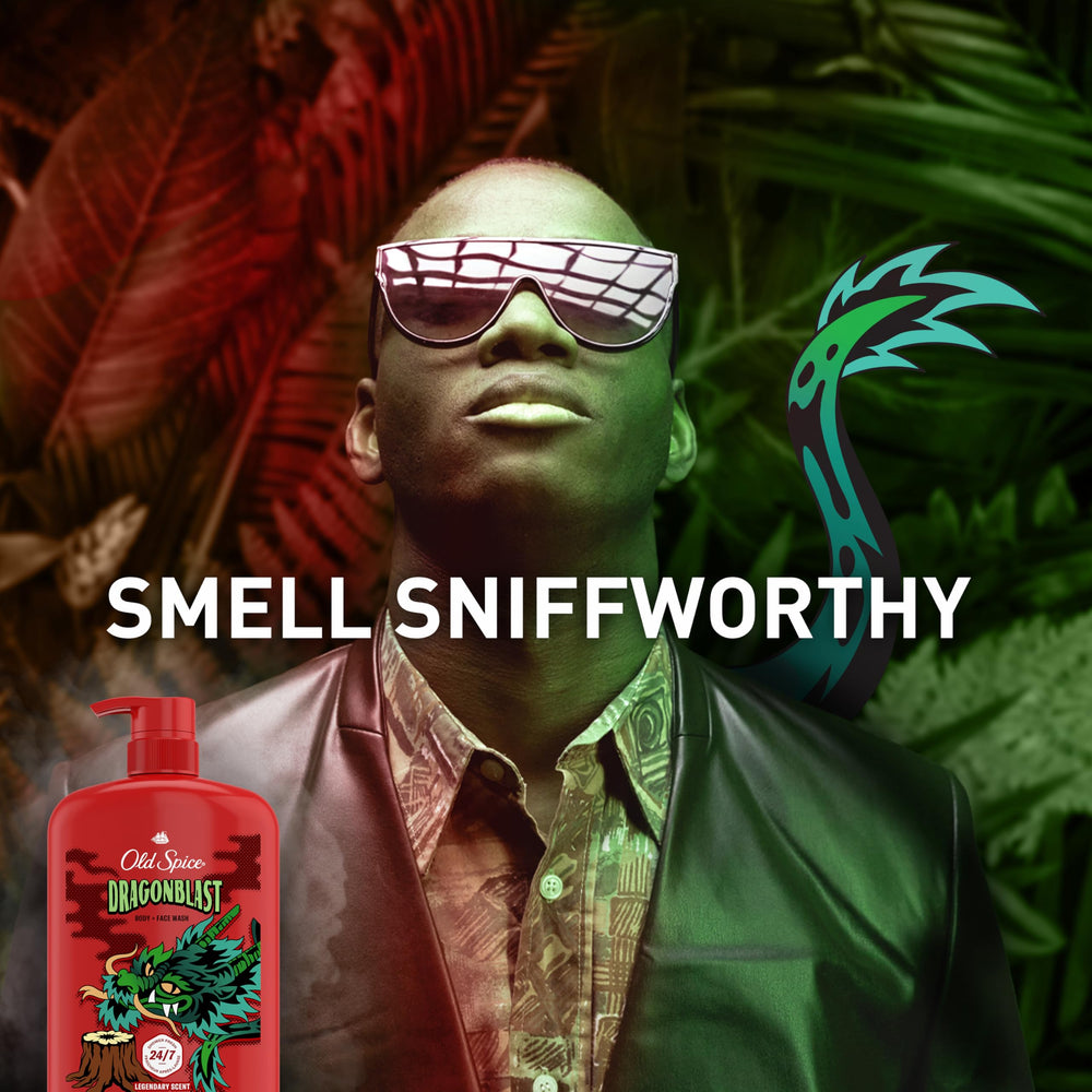 Old Spice 2-in-1 body and face wash highlights convenient daily use.