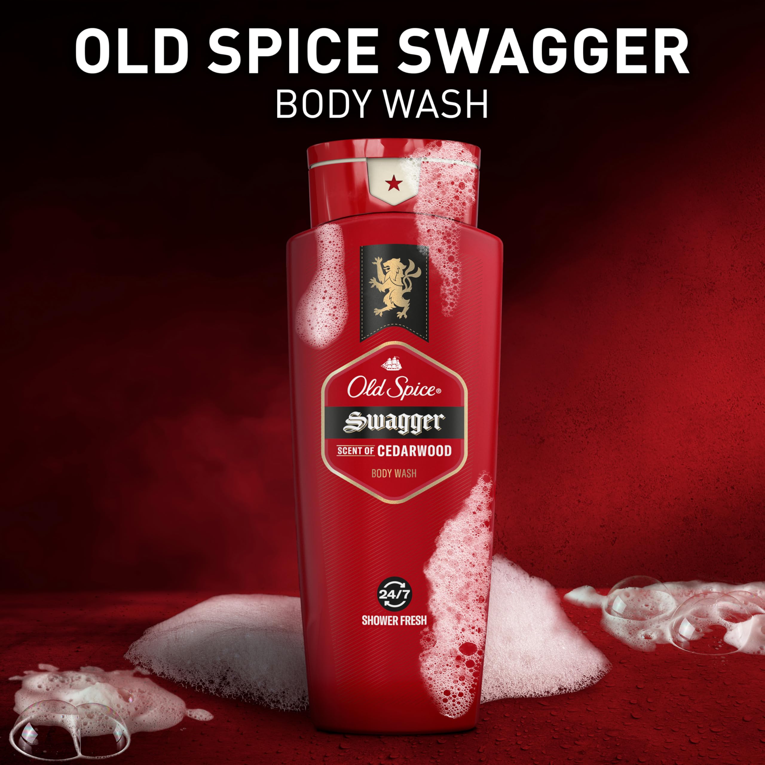 Old Spice brand logo close-up reinforces trusted grooming heritage and familiarity.