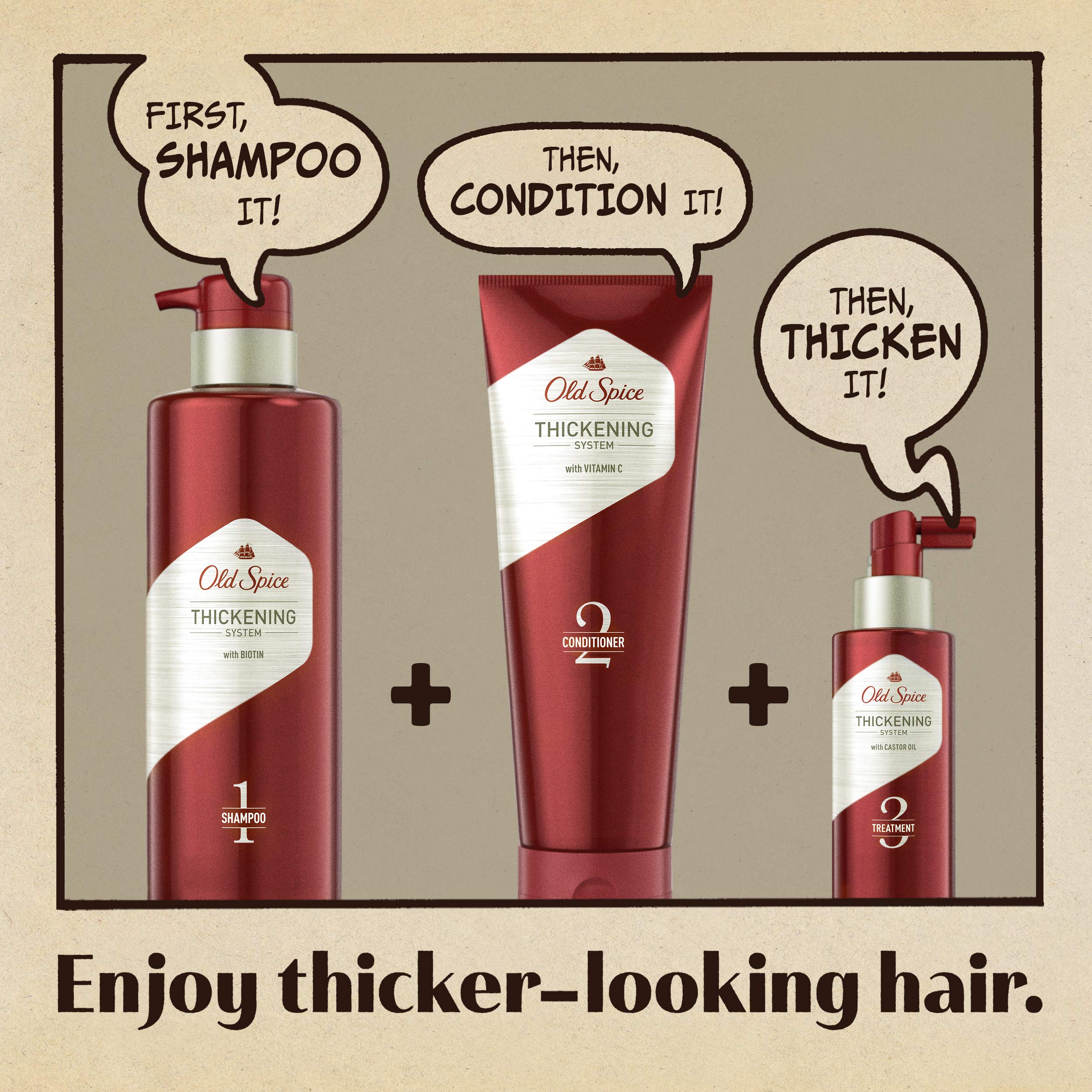 Old Spice castor oil infusion highlights nourishing blend for thicker-looking strands.
