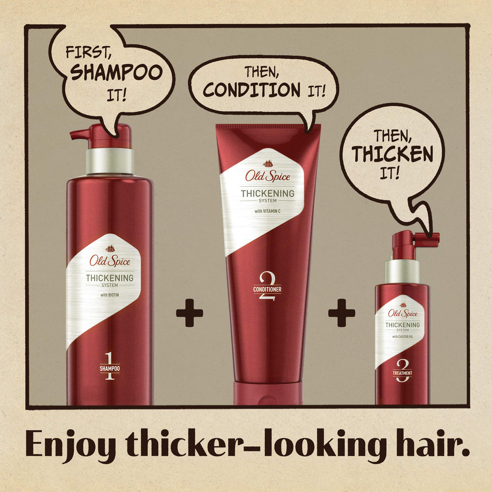 Old Spice castor oil infusion highlights nourishing blend for thicker-looking strands.