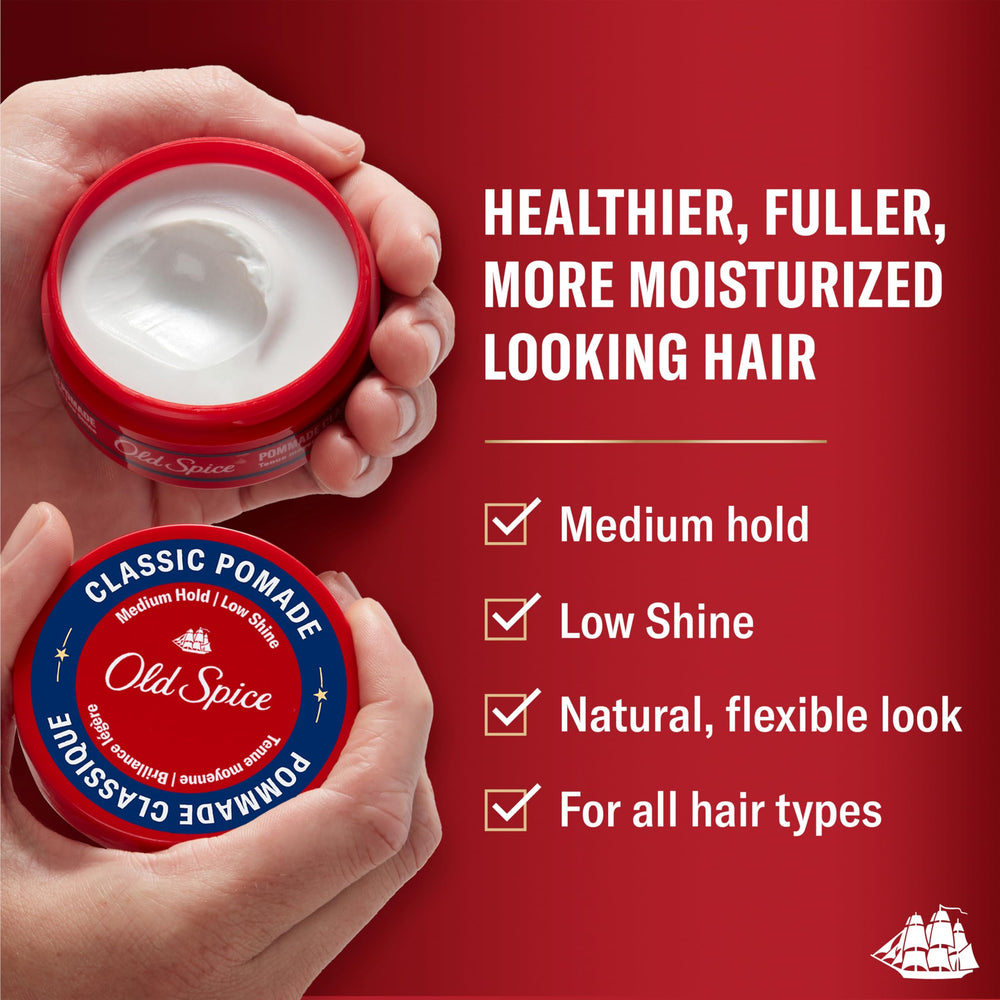 Old Spice Classic Pomade hands rubbing application showing even texture for easy styling.