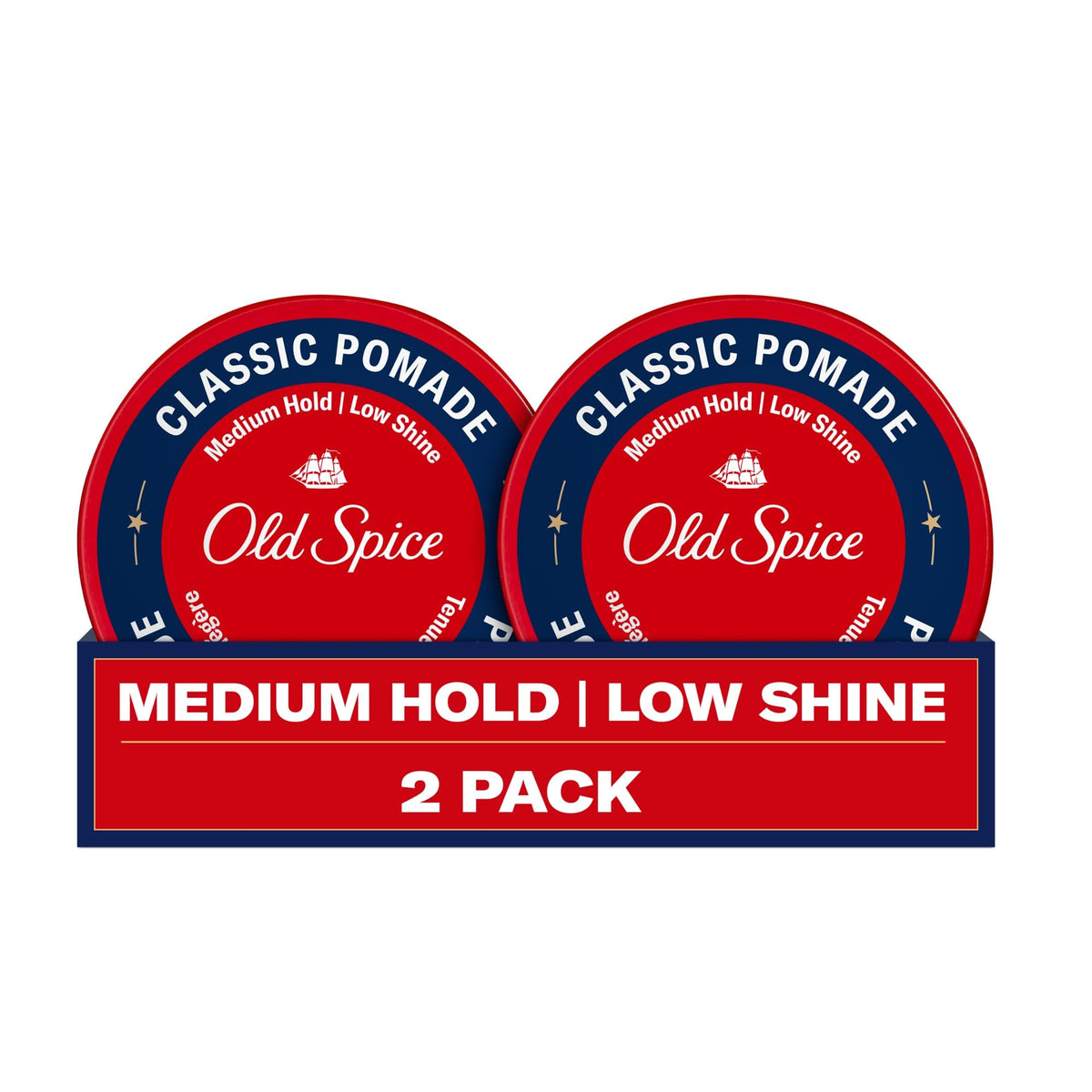 Old Spice Classic Pomade tin closeup for controlled medium-hold styling.