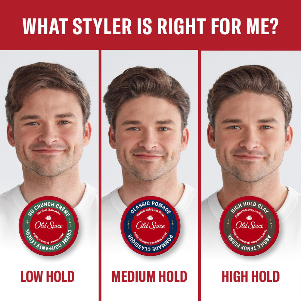 Old Spice Classic Pomade tin texture demonstration on palm for smooth, blendable coat.