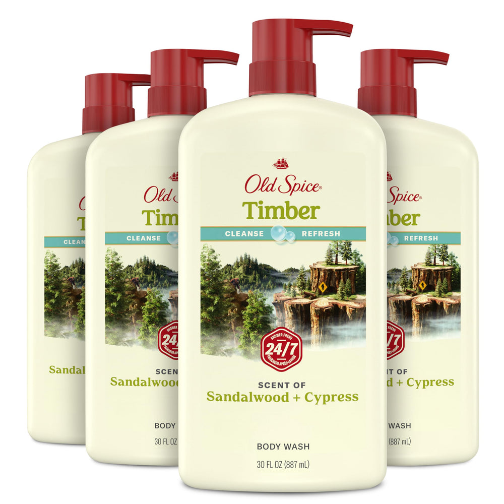 Old Spice cleansing body wash 24-7 shower fresh bottle promises all-day freshness.