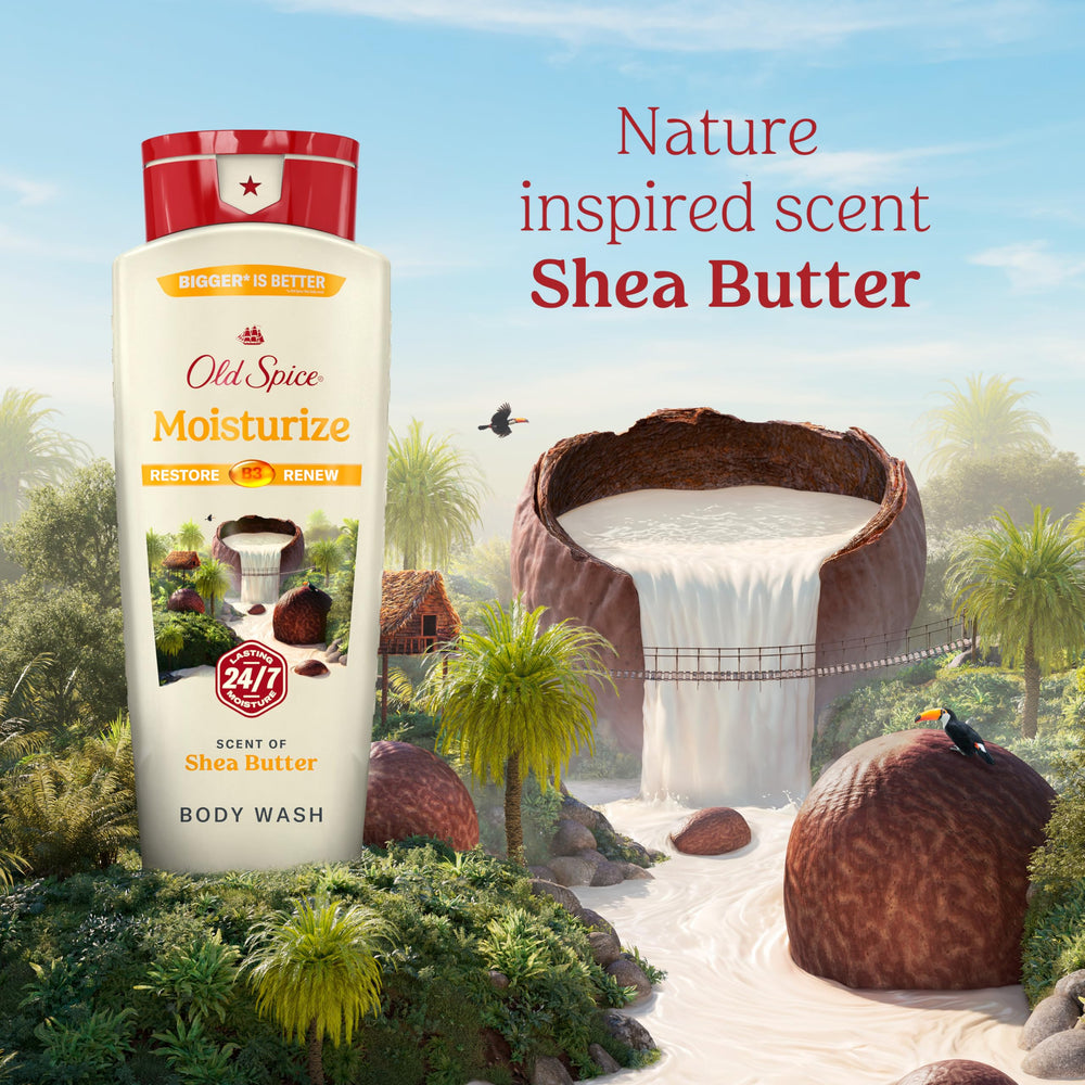 Old Spice cleansing body wash label closeup showing branding and ingredients.