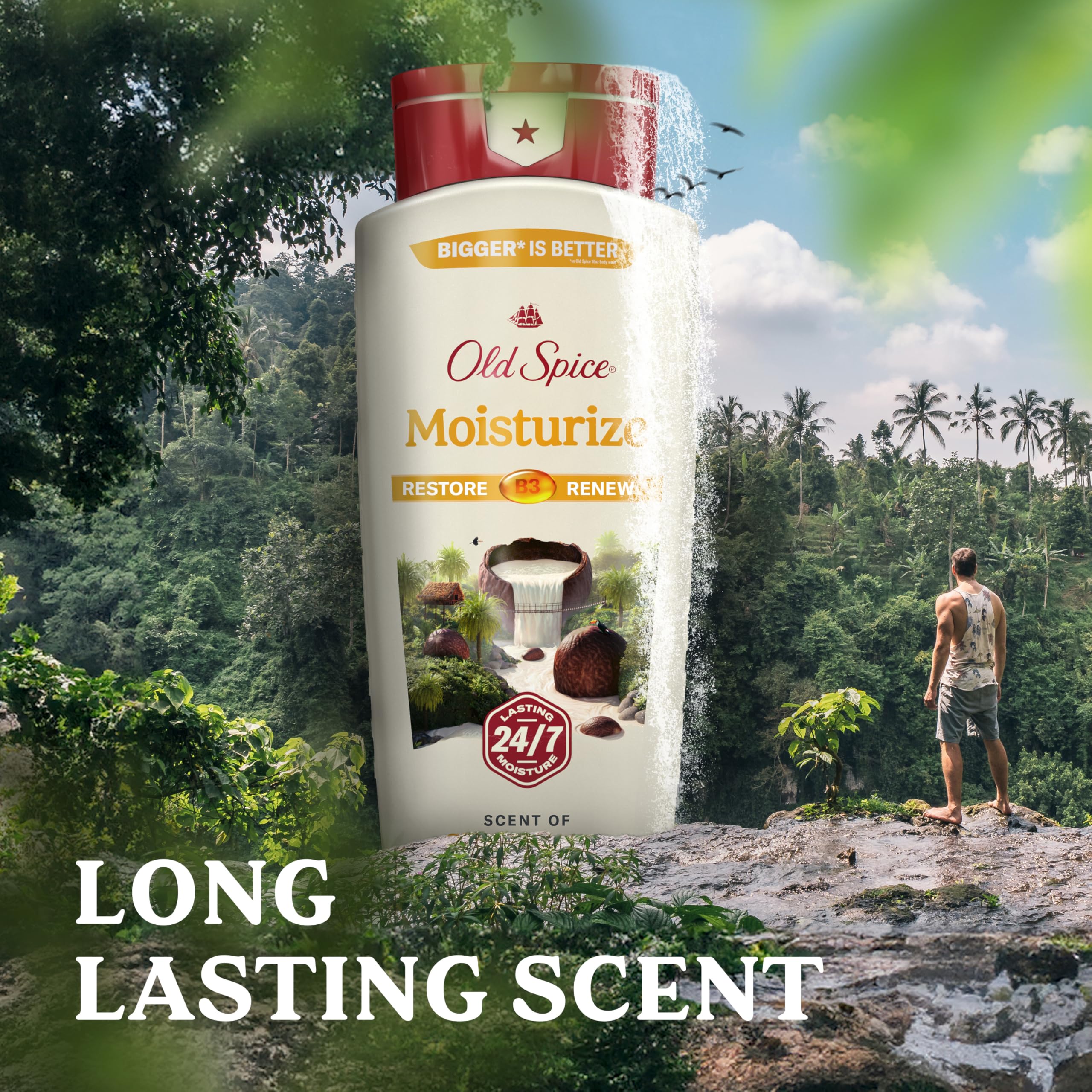 Old Spice cleansing body wash pack-of-four bottles on shelf.