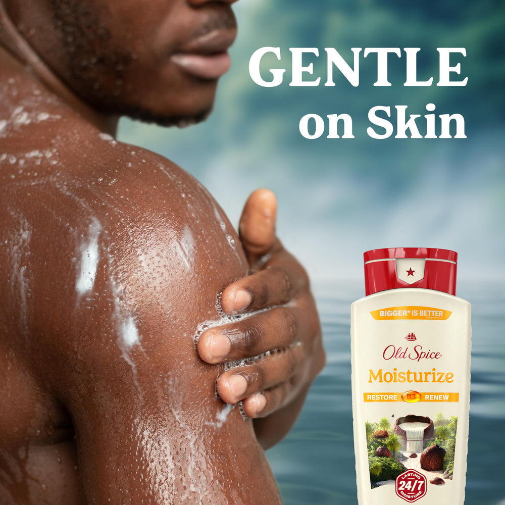 Old Spice cleansing body wash in shower scene of a bright bathroom.