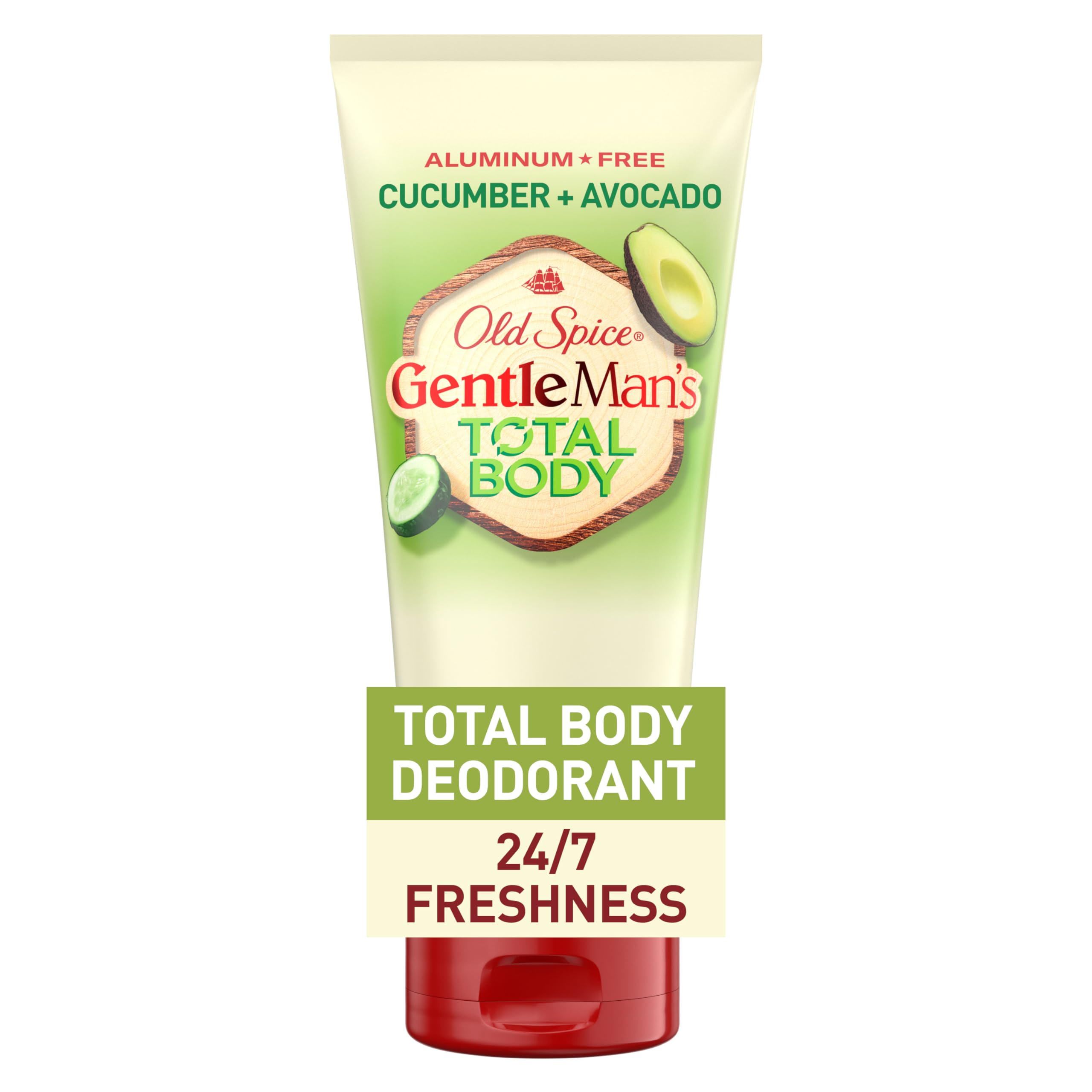 Old Spice crema desodorante para cuerpo, enfoque en empaque visible y uso total con frescura.