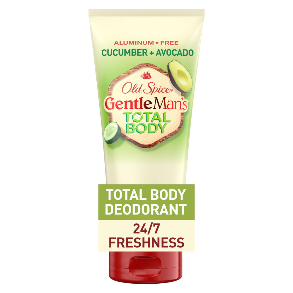Old Spice crema desodorante para cuerpo, enfoque en empaque visible y uso total con frescura.