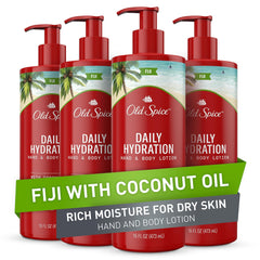 Old Spice daily hydration lotion pump-application demonstrates easy full-body moisturization for daily use.