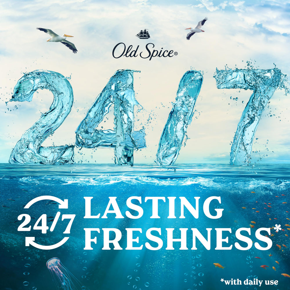 Old Spice Deep Sea scent with ocean waves evokes cooling freshness.