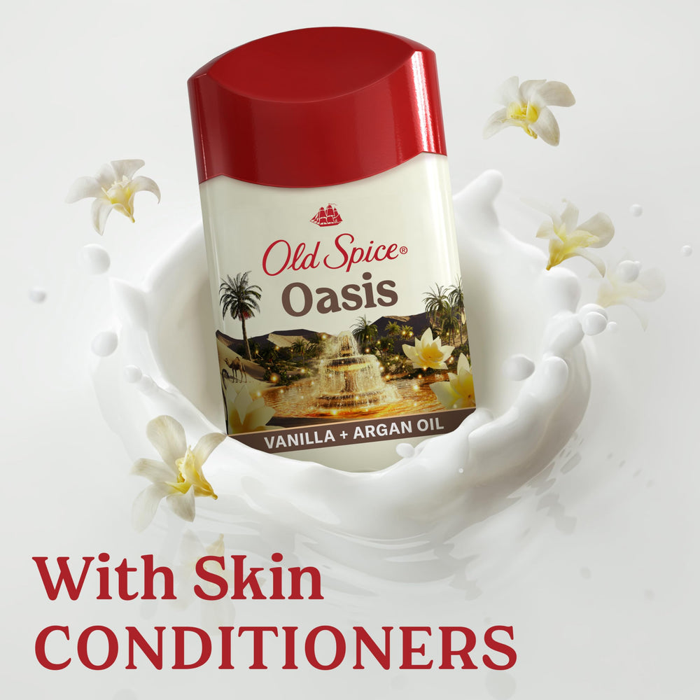 Old Spice Dry Feel label highlights skin conditioners for gentle application.