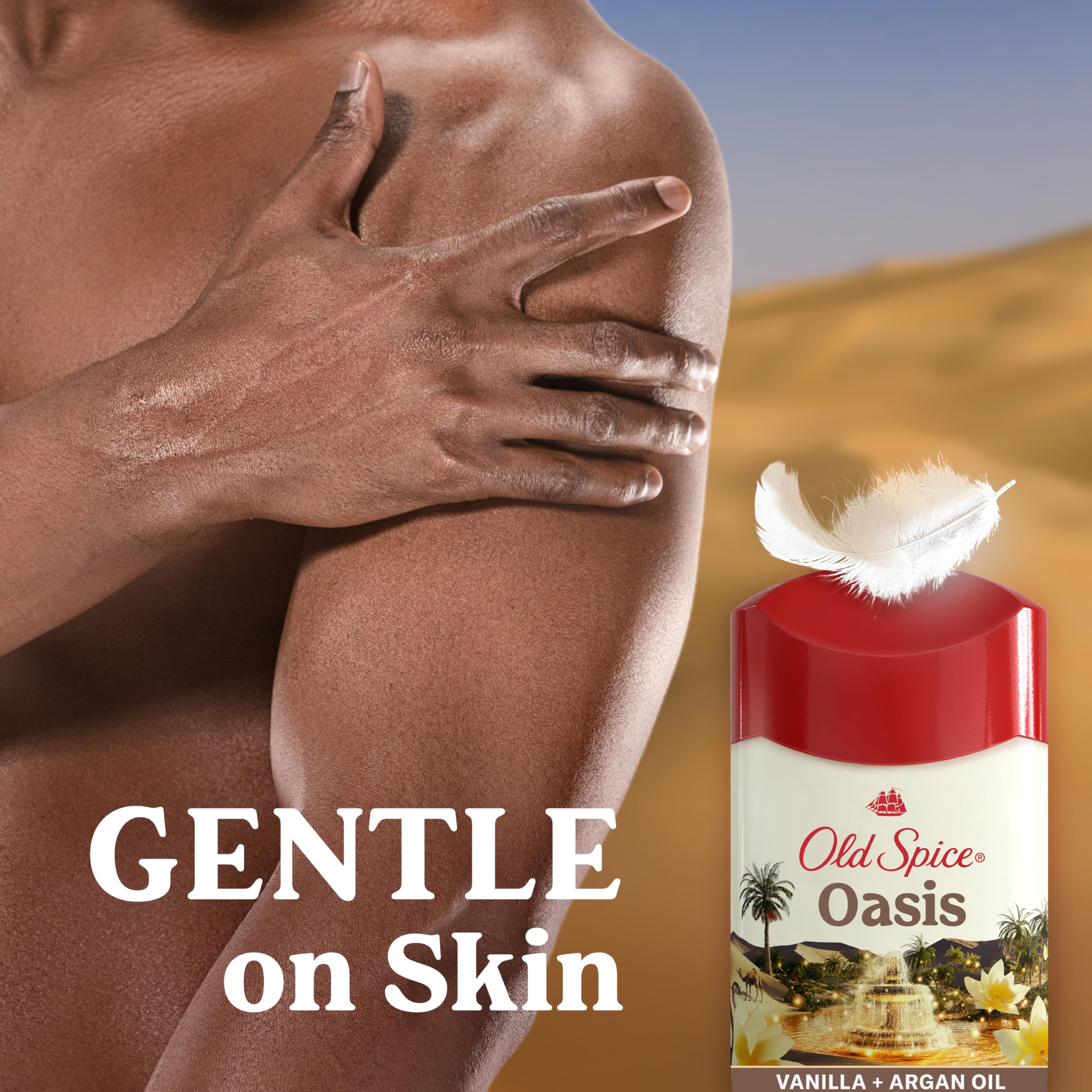 Old Spice Dry Feel Oasis vanilla scent with argan oil evokes fresh confidence.